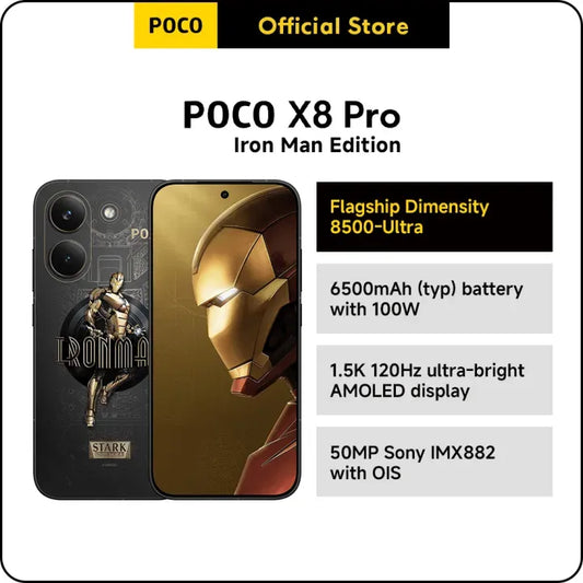 New POCO X8 Pro Gold Iron Man Edition, Flagship Dimensity 8500-Ultra, 6500mAh (typ) battery with 100W HyperCharge, 1.5K 120Hz ultra-bright AMOLED display, 50MP Sony IMX882 with OIS